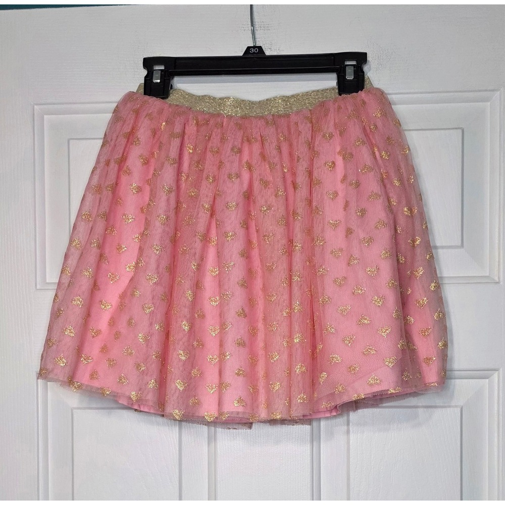 Hanna Andersson Girls Pink Gold Glitter Heart Tulle Skirt Size 8 130cm Party